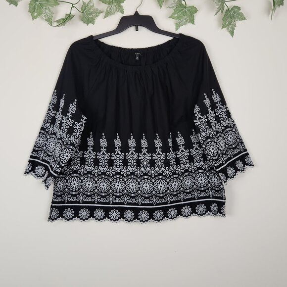 Talbots Tops - Talbots Size XL Black White Eyelet Embroidered Floral 3/4 Sleeve Top Blouse